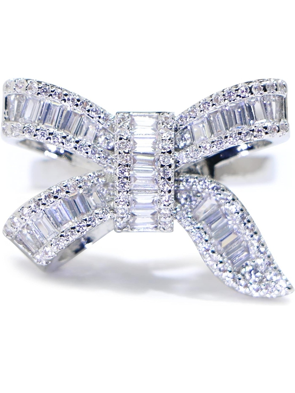 Elegant Silver Bow Diamond Ring - White Crystal Accent - Picture 4 of 6